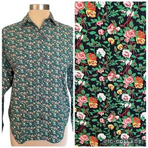 VTG John Henry 100% Cotton Green Dark Floral Button‎ Up Shirt Sz 10 Fall Casual
